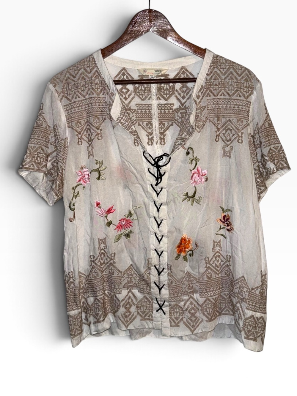 Anthropologie Odd Molly Lace Up Embroidered Short Sleeve Blouse S4